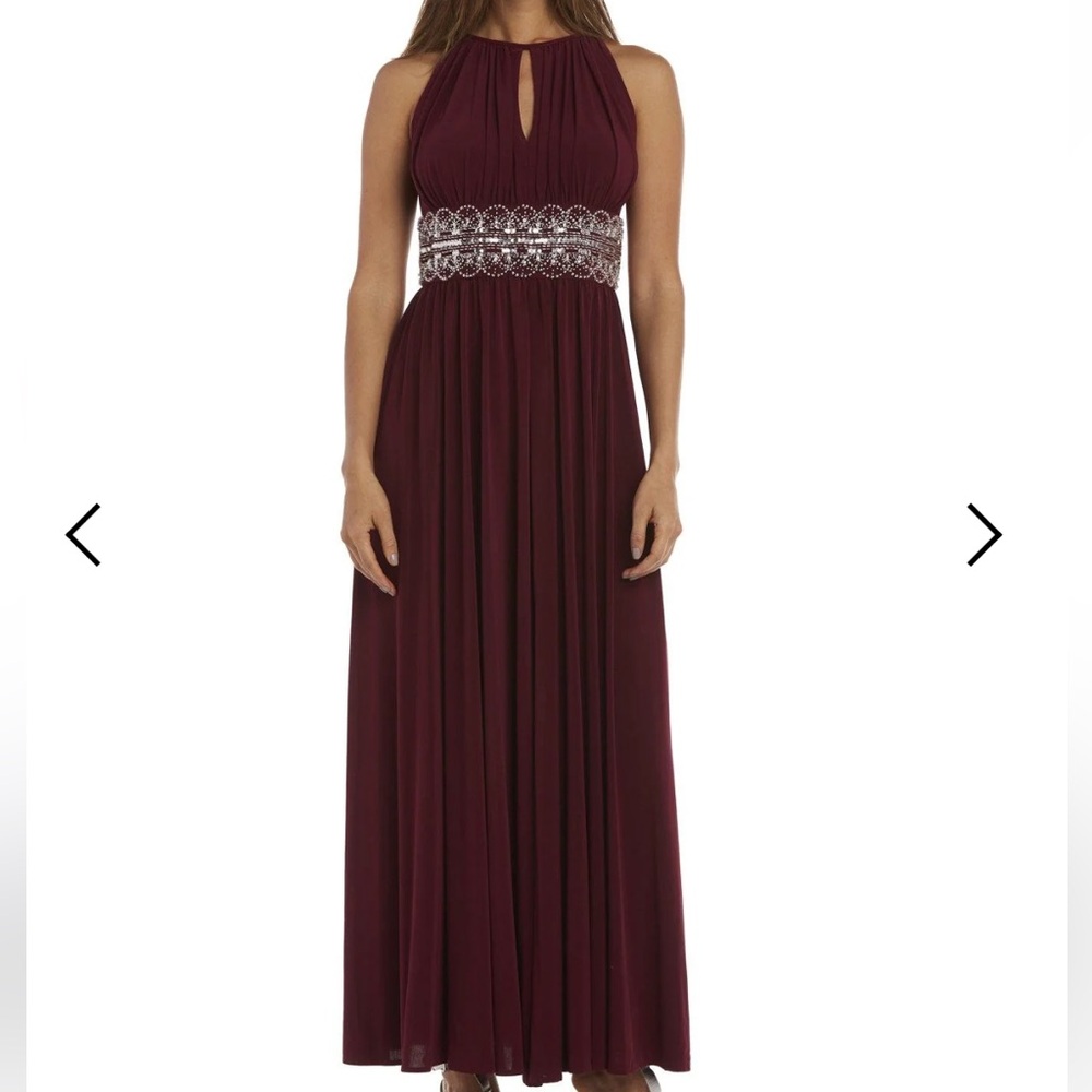 R&M Richards Long Formal Beaded Waist Dress Merlot